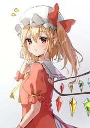  1girl adapted_costume bangs blonde_hair blush bow crystal dress eyebrows_visible_through_hair flandre_scarlet gradient gradient_background grey_background hair_between_eyes hat hat_bow hat_ribbon highres long_hair looking_at_viewer mob_cap parted_lips pointy_ears puffy_short_sleeves puffy_sleeves red_dress red_eyes red_ribbon ribbon shironeko_yuuki short_sleeves simple_background solo touhou upper_body wings wrist_cuffs 