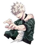  1boy bakugou_katsuki blonde_hair boku_no_hero_academia cai_(caiirocai) commentary_request green_jacket hand_on_own_shoulder jacket long_sleeves looking_at_viewer male_focus open_clothes open_jacket open_mouth outstretched_arm red_eyes shirt short_hair simple_background solo spiky_hair teeth upper_body white_background white_shirt 