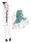  1girl ass bangs black_hairband black_ribbon blue_eyes blush buttons coat collared_coat commentary_request eyebrows_visible_through_hair frills full_body ghost_print green_skirt green_vest grey_hair hairband hand_up highres hitodama_print konpaku_youmu long_sleeves looking_at_viewer open_clothes open_coat open_mouth pantyhose pink_scarf plaid plaid_scarf pocket ribbon scarf shirt short_hair skirt smile solo standing touhou vest white_coat white_legwear white_shirt wide_sleeves y_na1211 