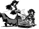  2girls :d animal_ears aquarium ascot boots commentary dress fish_tail frilled_kimono frilled_sleeves frills greyscale happy head_fins highres imaizumi_kagerou japanese_clothes kimono long_sleeves mermaid mixed-language_commentary monochrome monster_girl multiple_girls pushcart pushing_cart ribbon smile tail togeppoi touhou wakasagihime water wide_sleeves wolf_ears 
