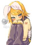  1girl absurdres amane_(amnk1213) angry annoyed bare_shoulders blonde_hair blue_eyes blush bow cheek_rest crying crying_with_eyes_open hair_bow hair_ornament hairclip half-closed_eyes highres hugging_own_legs kagamine_rin knees_to_chest leg_warmers legs_folded number_tattoo pout pouty_lips puffy_cheeks sad sailor_collar shirt short_hair shoulder_tattoo sitting sketch sleeveless sleeveless_shirt solo squiggle tattoo tearing_up tears tsurime vocaloid 