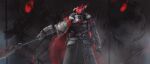  1boy absurdres arknights arm_at_side armor belt belt_buckle black_gloves buckle cape cowboy_shot facing_viewer full_armor fur_trim gauntlets gloves helmet highres holding holding_polearm holding_weapon kusami_toka_naku_au outstretched_arm polearm red_cape solo tola_(arknights) weapon 