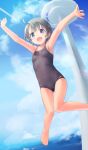  1girl :d ahoge armpits arms_up bangs bare_arms bare_legs barefoot black_eyes black_hair black_swimsuit blue_sky blush breasts brown_eyes brown_hair clouds collarbone competition_school_swimsuit day eyebrows_visible_through_hair flat_chest full_body highres jumping kawaseki midair new_school_swimsuit one-piece_swimsuit open_mouth original outdoors outstretched_arms school_swimsuit short_hair sky small_breasts smile solo spread_arms standing swimsuit 