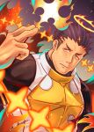  1boy beard black_bodysuit black_hair bodysuit commentary ex65679708 facial_hair fire flaming_halo halo highres male_focus mature_male muscular muscular_male sideburns simple_background skin_tight solo star_(symbol) stubble tokyo_afterschool_summoners yellow_eyes zabaniya_(housamo) 