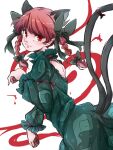  1girl animal_ears bangs bow braid cat_ears cat_tail dress extra_ears eyebrows_behind_hair from_behind green_dress hair_bow kaenbyou_rin kura_usu light_blush light_smile long_sleeves looking_at_viewer looking_back multiple_tails nekomata pointy_ears puffy_sleeves red_eyes redhead ribbon simple_background solo swept_bangs tail touhou twin_braids two_tails white_background 
