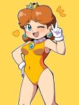  1girl ;d blue_eyes breasts brown_hair covered_navel cowboy_shot crown earrings eyebrows_visible_through_hair flower_earrings gloves hand_on_hip heart highres jewelry leotard looking_at_viewer medium_breasts one_eye_closed open_mouth orange_leotard princess_daisy short_hair smile solo standing super_mario_bros. two-tone_leotard white_gloves yellow_leotard yume_yoroi 