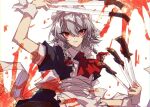  1girl apron ascot bad_id bad_twitter_id blood bow commentary frills grey_hair hair_between_eyes hair_bow holding holding_knife izayoi_sakuya knife looking_at_viewer maid_apron maid_headdress red_ascot red_bow red_eyes ribbon short_hair smile solo togeppoi touhou white_ribbon wrist_cuffs 