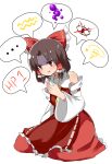  ... 1girl bangs benikurage_(cookie) blush bow brown_eyes brown_hair collar commentary_request cookie_(touhou) dress eyebrows_visible_through_hair frilled_bow frilled_collar frilled_hair_tubes frills full_body hair_bow hair_tubes hakurei_reimu highres kneeling looking_down necktie open_mouth parted_bangs red_bow red_dress red_skirt shaded_face short_hair simple_background skirt solo spoken_ellipsis spoken_squiggle squiggle touhou white_background yellow_necktie yumekamaborosh 