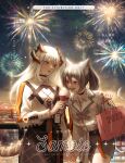  2girls animal_ear_fluff animal_ears arknights bag black_choker black_hair black_skirt choker city cowboy_shot czy_(2894456992) dragon_girl dragon_horns dragon_tail ear_piercing fireworks food highres holding holding_food holding_hands horns ice ice_cream ice_wings jacket jewelry long_hair long_skirt long_sleeves miniskirt multiple_girls night night_sky open_mouth orange_eyes original outdoors piercing ponytail red_eyes ring sample_watermark saria_(arknights) scenery shopping_bag silver_hair skirt sky tail teeth white_jacket wings yuri 