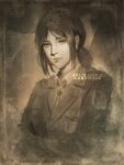  1girl artist_name bags_under_eyes bolo_tie brown_theme closed_mouth collared_shirt commentary emblem english_commentary highres jacket lips logo looking_at_viewer low_ponytail monochrome nate_artuz paradis_military_uniform pieck_finger ponytail shingeki_no_kyojin shirt solo survey_corps_(emblem) upper_body 
