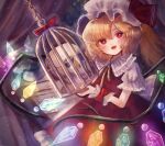  1girl :d birdcage blonde_hair blush bow bright_pupils cage collared_shirt commentary cowboy_shot crystal curtains drawer dress eyebrows_behind_hair fang flandre_scarlet frilled_shirt_collar frills hat hat_ribbon hell0120 highres holding looking_at_viewer medium_hair mob_cap neck_ribbon open_mouth ponytail puffy_short_sleeves puffy_sleeves red_bow red_dress red_eyes red_ribbon ribbon shirt short_sleeves skull smile solo touhou white_headwear white_pupils white_shirt wings wrist_bow wrist_cuffs yellow_ribbon 