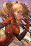  1girl blue_eyes bodysuit breasts brown_hair closed_mouth eyepatch floating_hair headgear highres long_hair looking_at_viewer medium_breasts neon_genesis_evangelion plugsuit red_bodysuit samu_(a117216) shiny shiny_hair smile solo souryuu_asuka_langley twintails upper_body very_long_hair 