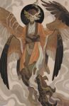  1boy brown_hair character_request covered_eyes driftwoodwolf dust expressionless facing_viewer fantasy flying full_body haori harpy_boy japanese_clothes kimono male_focus monster_boy orange_kimono regalia_for_the_wretched short_hair solo talons wings 