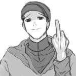  baseball_cap empty_eyes greyscale hat highres inimu1230 killing_stalking looking_at_viewer male_focus middle_finger monochrome oh_sangwoo shaded_face smile turtleneck 
