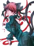  1girl animal_ears bangs bow braid cat_ears cat_tail dress extra_ears eyebrows_behind_hair from_behind green_dress hair_bow kaenbyou_rin kura_usu light_blush light_smile long_sleeves looking_at_viewer looking_back multiple_tails nekomata pointy_ears puffy_sleeves red_eyes redhead ribbon simple_background solo swept_bangs tail touhou twin_braids twintails two_tails white_background 