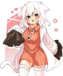  1girl :d ameyu_(rapon) animal_ears breasts cat_ears cat_girl cat_tail coat dress frilled_sleeves frills long_sleeves medium_breasts open_clothes open_coat original red_eyes short_hair sketch sleeves_past_fingers sleeves_past_wrists smile sweater sweater_dress tail thigh-highs white_hair white_legwear zettai_ryouiki 