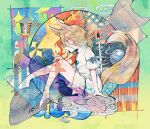 1girl abstract abstract_background animal_ears bangs bird blonde_hair bubble bug butterfly candle cityscape clouds commentary_request cork crow fire fish flower fox_ears fox_girl fox_shadow_puppet fox_tail from_side green_ribbon highres itomugi-kun kudamaki_tsukasa marker pencil ribbon romper short_hair short_sleeves socks solo sparkle tail test_tube touhou tower water white_legwear yellow_eyes 