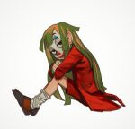  1girl arthur_fleck black_eyes closed_mouth clown facepaint from_side genderswap genderswap_(mtf) green_hair highres jacket jitome joker_(2019) long_hair looking_at_viewer looking_to_the_side mossacannibalis red_jacket red_shorts shoes shorts simple_background sitting socks solo very_long_hair white_background white_legwear 