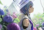  1boy absurdres arknights backlighting bangs bare_shoulders blue_hair blue_headwear clothing_cutout collar dappled_sunlight day eyebrows_visible_through_hair flower from_side hat highres holding holding_umbrella hood hood_down hydrangea infection_monitor_(arknights) looking_at_viewer looking_to_the_side mizuki_(arknights) neckerchief outdoors profile purple_neckerchief short_hair_with_long_locks shoulder_cutout sideways_glance sunlight tadano_tarako transparent transparent_umbrella umbrella upper_body 