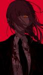  1girl bangs black_jacket black_necktie blood blood_on_clothes blood_on_face braid chainsaw_man dress_shirt hair_over_one_eye highres jacket long_hair looking_at_viewer makima_(chainsaw_man) necktie orange_eyes red_background redhead ringed_eyes shirt simple_background single_braid solo suit_jacket upper_body urkt_10 white_shirt wing_collar 