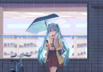  1girl absurdres ahoge bag bangs bicycle blue_eyes blue_hair cellphone closed_mouth coat collared_shirt eyebrows_visible_through_hair gorae15 ground_vehicle hair_between_eyes hair_ornament handbag hatsune_miku highres holding holding_phone holding_umbrella long_hair miniskirt necktie open_clothes open_coat outdoors phone pleated_skirt rain red_necktie red_skirt shiny shiny_hair shirt skirt smartphone solo standing twintails umbrella very_long_hair vocaloid white_shirt wing_collar yellow_coat 