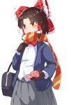  1girl alternate_costume bag bangs benikurage_(cookie) black_bag blue_jacket blush bow bowtie box brown_eyes brown_gloves brown_hair closed_mouth commentary_request cookie_(touhou) cowboy_shot eyebrows_visible_through_hair frilled_bow frills gloves grey_skirt hair_bow hakurei_reimu heart heart-shaped_box highres holding holding_heart jacket looking_to_the_side open_clothes open_jacket orange_scarf parted_bangs red_bow red_bowtie scarf school_bag shirt short_hair simple_background skirt solo touhou white_background white_shirt winter_uniform yellow_scarf yumekamaborosh 