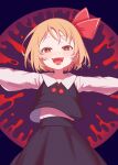  1girl :d ascot black_skirt blonde_hair blush e_sdss fangs hair_ribbon highres long_sleeves looking_at_viewer neck_bobbles open_mouth outstretched_arms red_background red_eyes ribbon rumia sharp_teeth shirt short_hair skirt smile solo spread_arms teeth tongue touhou vest white_shirt 