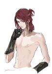  1boy collarbone commentary cropped_torso elden_ring english_commentary gauntlets half_updo hand_up headband looking_at_viewer male_focus nude red_eyes redhead ruint simple_background solo tarnished_(elden_ring) white_background 