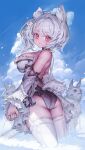  1girl animal_ear_fluff animal_ears ass blue_sky breasts closed_mouth clouds day detached_sleeves highres large_breasts looking_at_viewer original red_eyes short_hair sky sword tail thigh-highs voruvoru weapon white_hair white_legwear 