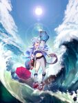  1girl absurdres arm_up blue_eyes blue_hair highres hololive hololive_indonesia kobo_kanaeru kuroqueta lens_flare long_hair midriff navel pants signature sun sunglasses umbrella virtual_youtuber water waves 