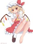  1girl :o ascot barefoot blonde_hair blush bow crystal flandre_scarlet frills full_body hat hat_bow hat_ribbon looking_at_viewer mob_cap open_mouth puffy_short_sleeves puffy_sleeves ramudia_(lamyun) red_bow red_eyes red_ribbon red_skirt red_vest ribbon shirt shoes short_sleeves skirt skirt_set socks solo touhou twitter_username vest white_headwear white_legwear wings wrist_cuffs 
