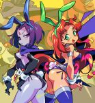  2girls animal_ears ass belt blush breasts cape colored_skin dc_comics forehead_jewel gloves green_eyes grey_skin leotard long_hair looking_at_viewer medium_breasts multiple_girls nirak open_mouth orange_skin playboy_bunny purple_hair raven_(dc) redhead short_hair smile starfire teen_titans thigh-highs thighs violet_eyes 