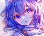  1girl :o blue_eyes blue_hair curly_hair eyebrows_visible_through_hair frills hair_between_eyes hat itsumizu letty_whiterock looking_at_viewer mob_cap portrait solo touhou 