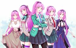  5girls alternate_costume bow clothes_lift crossed_arms dress eiyuu_densetsu falcom hair_bow highres jacket kuro_no_kiseki long_hair looking_at_viewer multiple_girls necktie ponytail purple_hair renne_(eiyuu_densetsu) sen_no_kiseki short_hair skirt skirt_lift smile sora_no_kiseki thigh-highs uniform xiacheng_tatsuya yellow_eyes 