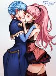  2girls artist_name blue_dress blue_hair blush braid breasts circlet closed_eyes crown_braid dated dress earrings eyelashes fire_emblem fire_emblem:_three_houses hand_on_another&#039;s_face hand_on_another&#039;s_shoulder hilda_valentine_goneril holding_head jewelry kiss long_hair marianne_von_edmund mina_cream multiple_girls nail_polish pink_hair sideboob skirt thigh-highs thighs yuri zettai_ryouiki 