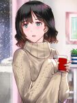  1girl bangs blue_eyes brown_sweater commentary_request cup earrings head_tilt hiro.t holding holding_cup jewelry looking_to_the_side mole mole_under_eye original partial_commentary picture_(object) pink_nails short_hair sleeves_past_wrists snow solo sweater turtleneck window 