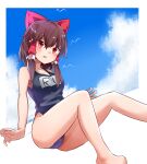  1girl bangs barefoot blue_swimsuit blush bow breasts brown_hair commentary_request cookie_(touhou) eyebrows_visible_through_hair eyes_visible_through_hair foot_out_of_frame frilled_hair_tubes frills hair_between_eyes hair_bow hair_tubes hakurei_reimu highres looking_at_viewer medium_breasts name_tag open_mouth red_bow red_eyes reu_(cookie) school_swimsuit short_hair_with_long_locks solo swimsuit touhou yumekamaborosh 