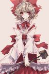 1girl bad_id bad_twitter_id bangs blonde_hair bow bow_(music) commentary detached_sleeves frills hair_bow highres holding instrument looking_at_viewer nontraditional_miko red_bow red_eyes red_skirt satsuki_rin shirt short_hair skirt solo togeppoi touhou waist_bow wavy_hair white_shirt wide_sleeves 