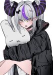  1girl absurdres black_choker black_jacket black_shirt bow choker eyebrows_visible_through_hair from_side grey_hair hair_behind_ear hair_bow highres hololive horns jacket kmgrru la+_darknesss miffy_(character) multicolored_hair object_hug open_mouth pointy_ears purple_hair shirt sitting sketch sleeves_past_fingers sleeves_past_wrists solo streaked_hair stuffed_toy unfinished virtual_youtuber white_background yellow_eyes 