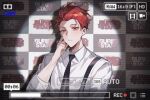  1boy black_necktie buried_stars chinese_commentary closed_mouth collared_shirt commentary copyright_name hand_on_own_face highres logo looking_at_viewer male_focus necktie recording red_eyes redhead seo_hyesung shirt short_hair solo white_shirt yusa_(yusa0751) 