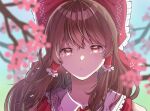  1girl bangs blurry blurry_foreground bow brown_eyes closed_mouth collared_shirt crying crying_with_eyes_open eyebrows_visible_through_hair frilled_bow frilled_hair_tubes frilled_sailor_collar frills hair_between_eyes hair_bow hair_tubes hakurei_reimu jingai_(k1bun) looking_at_viewer portrait red_bow red_shirt sailor_collar sailor_shirt shirt sleeveless sleeveless_shirt solo tears touhou white_sailor_collar 