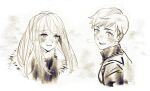  1boy 1girl bangs blush breath brother_and_sister brown_theme child cold dungeon_meshi falin_thorden fur_trim highres jextor korean_commentary laios_thorden long_hair looking_at_viewer looking_away looking_to_the_side monochrome short_hair siblings simple_background sketch smile swept_bangs winter_clothes younger 