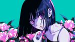  1girl absurdres bangs bare_shoulders black_dress black_hair bob_cut collarbone commentary_request dress floral_background highres holding_pill looking_at_viewer original parted_lips short_hair solo urkt_10 violet_eyes 