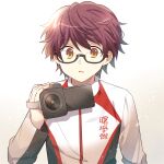  1boy brown_eyes brown_hair camera filming glasses highres holding holding_camera long_sleeves looking_at_viewer male_focus mamibakuhatu oka_eitaro re-main short_hair simple_background solo upper_body 