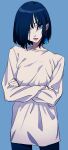 1girl :p absurdres black_hair blue_background blue_eyes commentary_request cowboy_shot crossed_arms earrings hair_over_one_eye highres jewelry long_sleeves looking_at_viewer original shirt short_hair simple_background solo standing tongue tongue_out urkt_10 white_shirt 