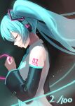  1girl arm_tattoo bangs black_sleeves blue_hair blue_necktie closed_eyes closed_mouth copyright_name detached_sleeves eyebrows_visible_through_hair from_side grey_shirt hair_between_eyes hatsune_miku headphones highres holding long_hair long_sleeves necktie profile raki_ekaki shirt sleeveless sleeveless_shirt smile solo tattoo twintails upper_body very_long_hair vocaloid 