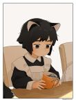  1girl akai_sashimi animal animal_ears apron arm_rest bangs black_eyes black_hair blunt_ends bob_cut border cat_ears closed_mouth creature cup drink eyebrows_behind_hair frilled_apron frills half-closed_eyes highres holding holding_cup holding_drink in_container in_cup indoors light_frown long_sleeves looking_at_animal looking_down maid maid_apron mug octopus on_chair original out_of_frame puffy_long_sleeves puffy_sleeves shade short_hair signature sitting sleeve_cuffs solo_focus sunlight table thick_eyebrows undersized_animal unkempt upper_body white_apron white_border wing_collar wooden_table 