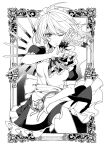  1girl absurdres ascot eyebrows_visible_through_hair framed greyscale highres holding holding_knife izayoi_sakuya kamenozoki_momomo knife looking_at_viewer maid maid_headdress monochrome one_eye_closed open_mouth pocket_watch short_hair simple_background solo touhou watch 