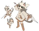  1girl animal_ears bandages boots brown_footwear brown_hair final_fantasy final_fantasy_xiv hair_ornament highres long_hair miqo&#039;te no_pupils original polearm solo spear tail temmie_chang temmie_chang_(character) weapon 