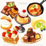  almond blueberry butter cake canele cherry chocolate chocolate_strawberry cream cream_puff email_address english_text food fruit garnish haruna_macpro highres hotplate ice_cream instagram_username kiwi_slice mille-feuille no_humans orangette original pancake pixiv_id pudding simple_background sparkle spoon still_life strawberry swiss_roll syrup twitter_username white_background wooden_plate 